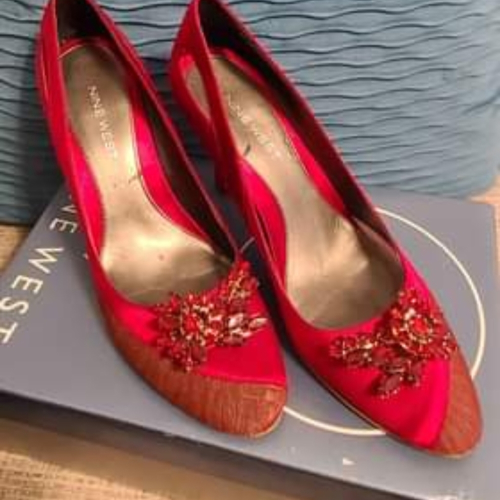 Nine West- Melosar Satin Embellished Pump, Red/Red, Size 6-1/2 Medium